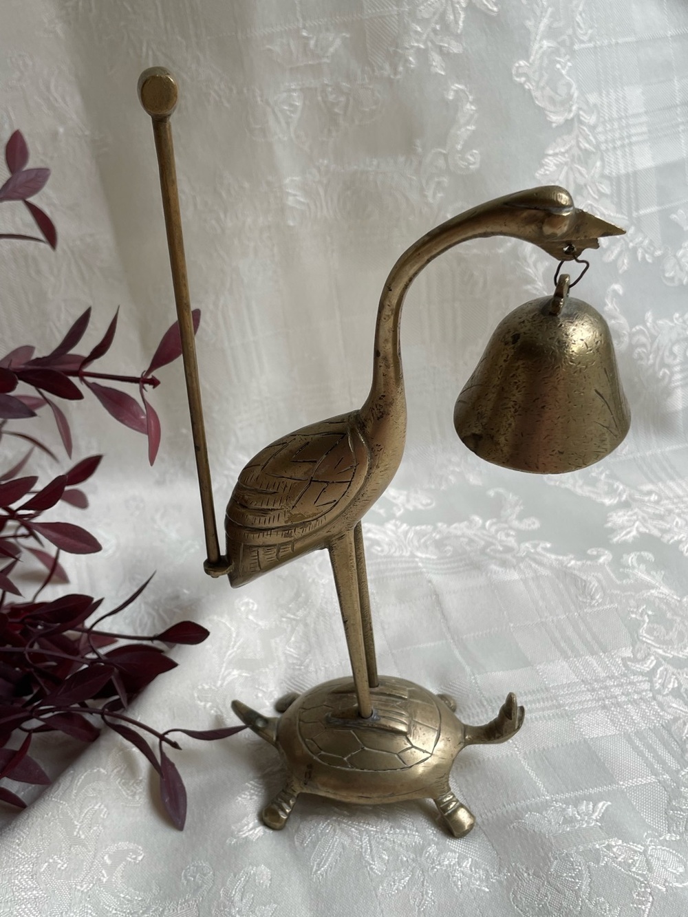 Vintage Brass Crane and Turtle Table Bell